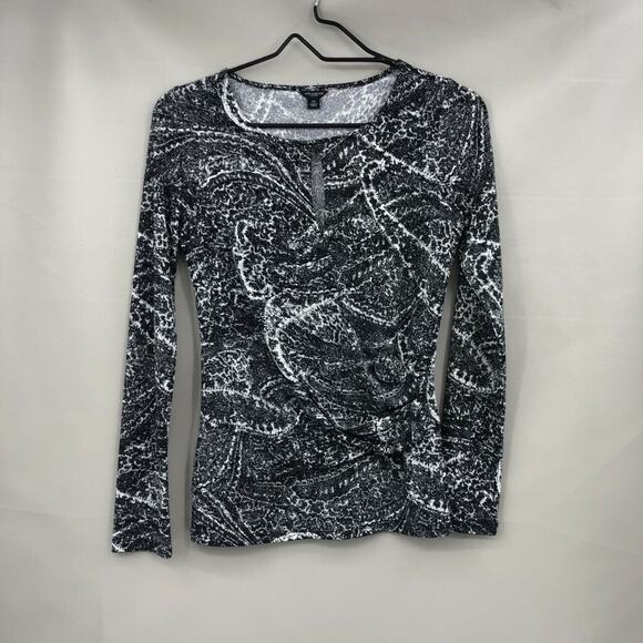 Ann Taylor Women's Keyhole Abstract Print Blouse Top XS Black White Long Sleeve - Picture 2 of 8